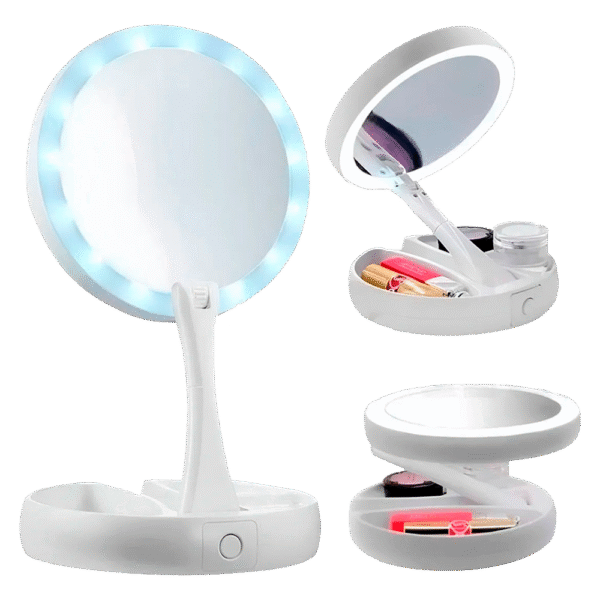 Espejo Doble Luz Led Porta Cosméticos Portátil
